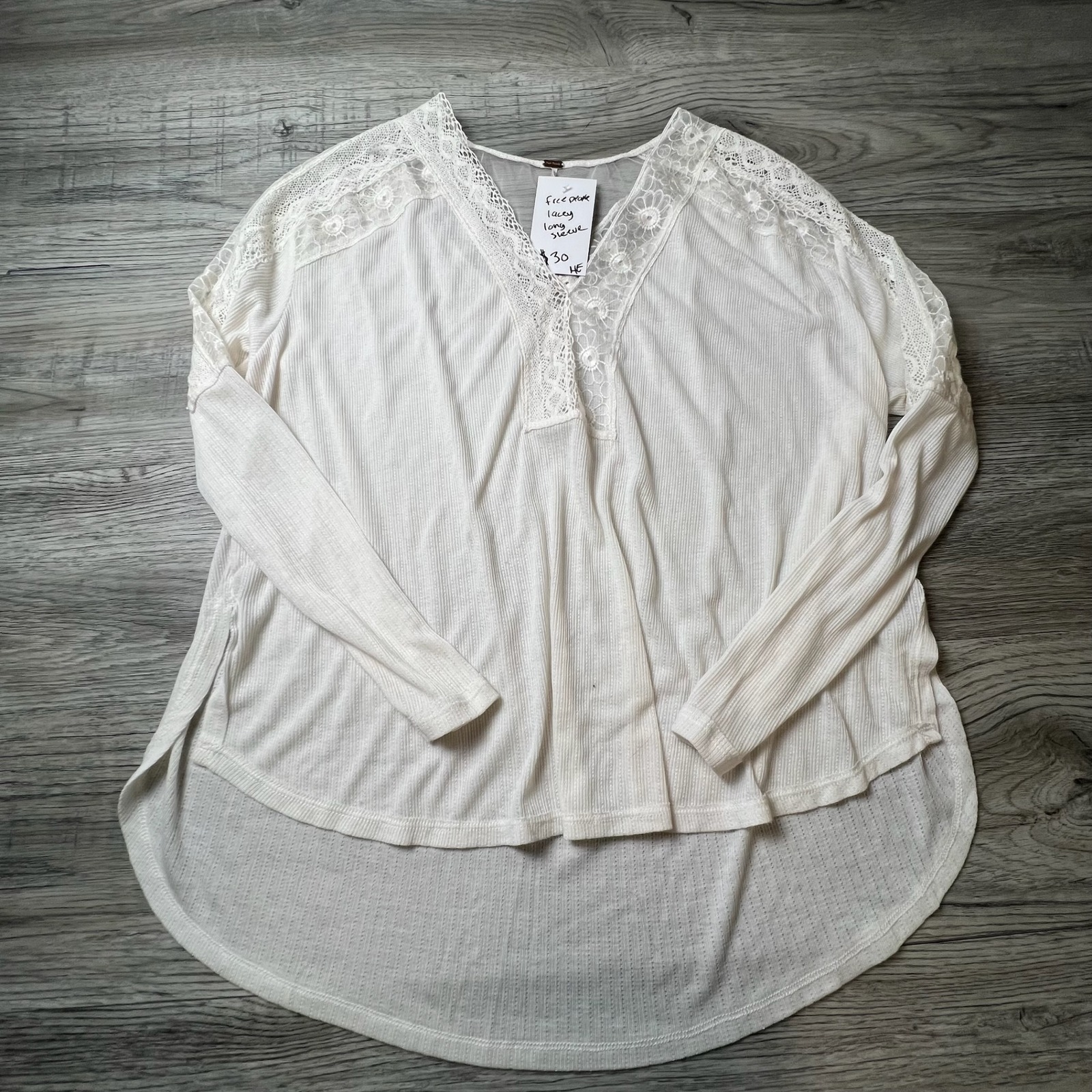 Free People Top Womens L Ivory Lace Trim Ribbed Long Sleeve High Low Boho Chic